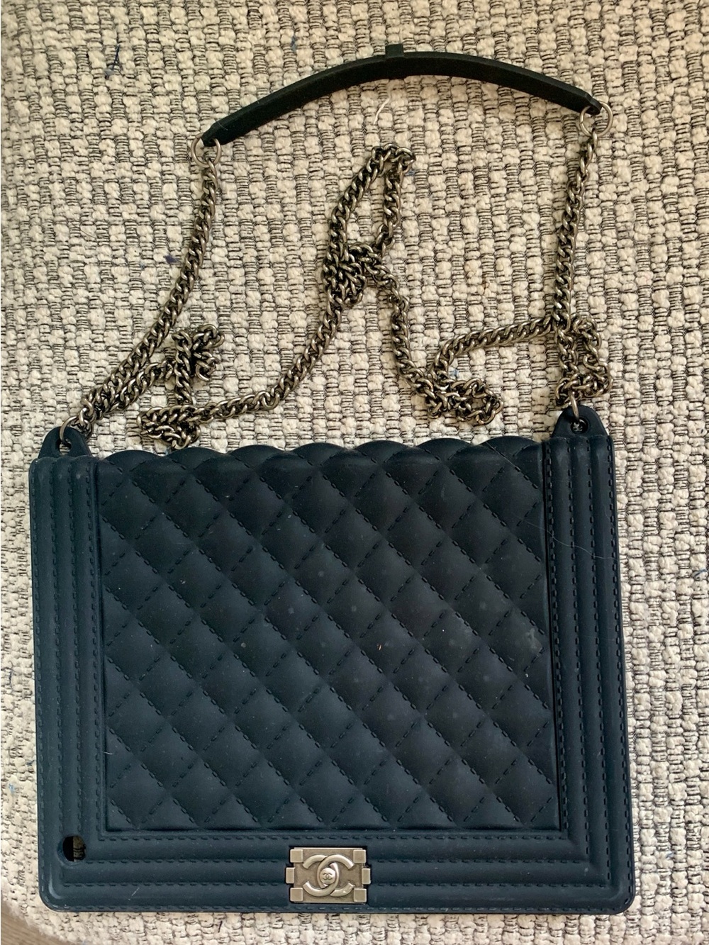 CHANEL Quilted Boy Flap iPad- Tablet Holder Black with Silver Hardware